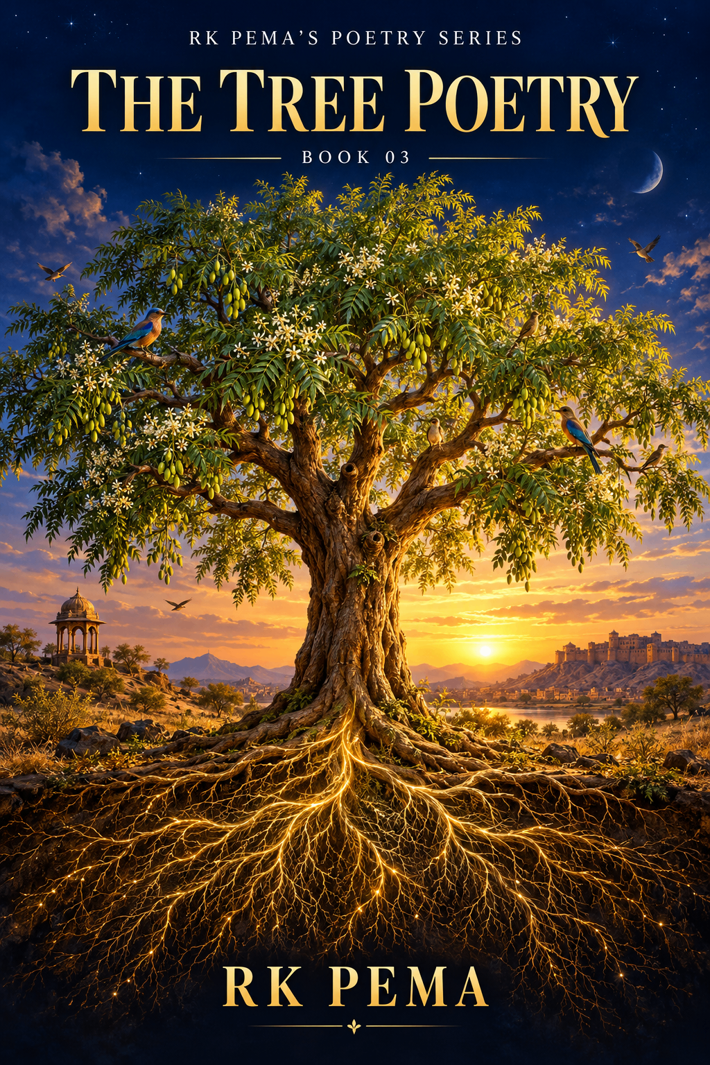 The Tree Poetry — Book 03 of RK Pema's Poetry Series, by RK Pema. Cover art of a sprawling tree at sunset with golden roots.