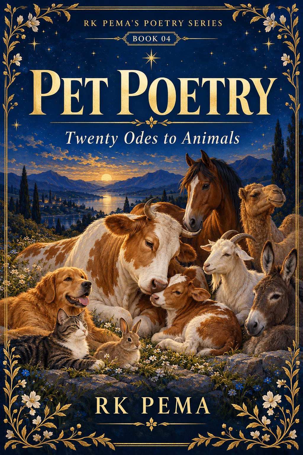Pet Poetry — Twenty Odes to Animals, Book 04 of RK Pema's Poetry Series, by RK Pema. Cover art of animals resting together under a starry night sky.