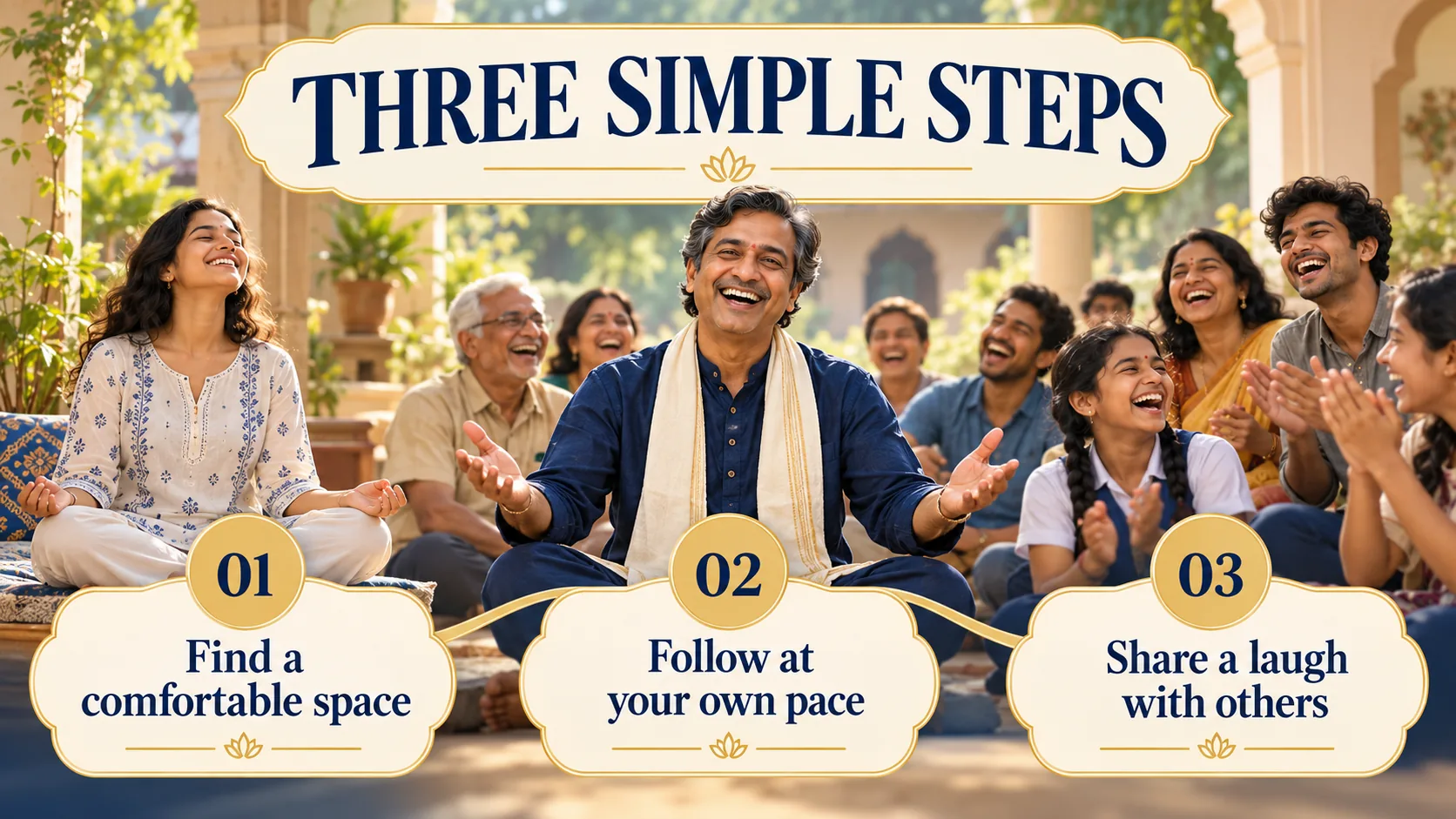 RK Pema sitting cross-legged and laughing with a group, above the three steps: find a comfortable space, follow at your own pace, share a laugh with others