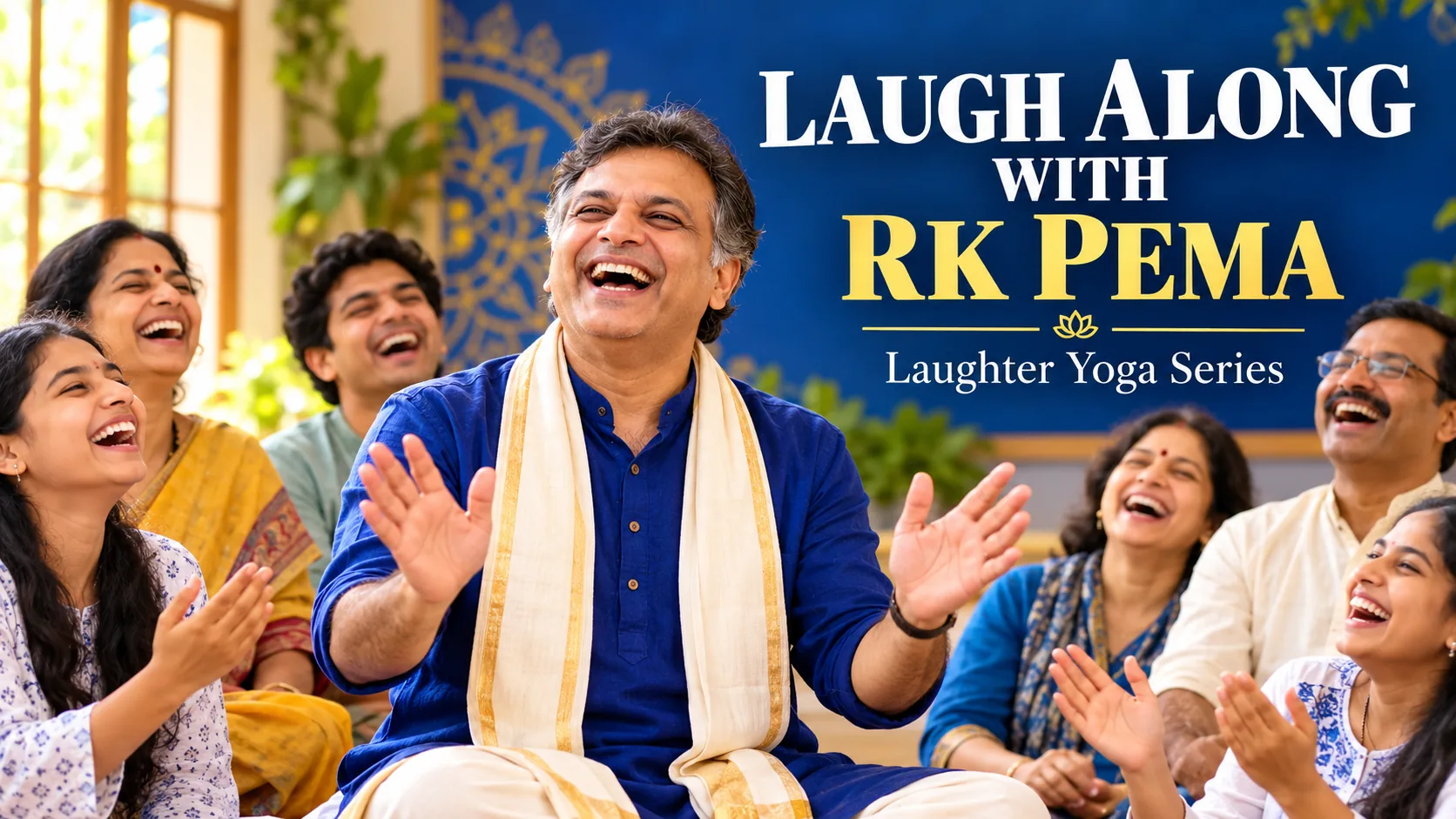 RK Pema laughing with open hands, surrounded by a joyful group of all ages, on a “Laugh Along with RK Pema — Laughter Yoga Series” banner