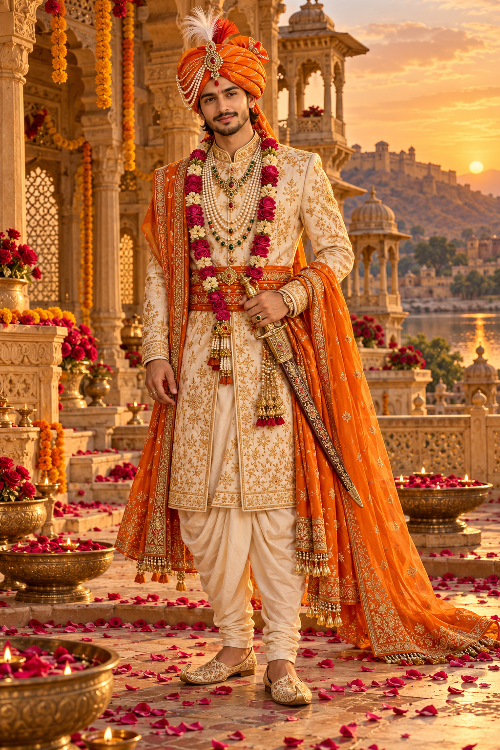 Kesariya Balam song artwork: a groom in a cream and gold Rajasthani sherwani with an orange turban and dupatta, garlanded with roses, before an ornate palace and fort at sunset.