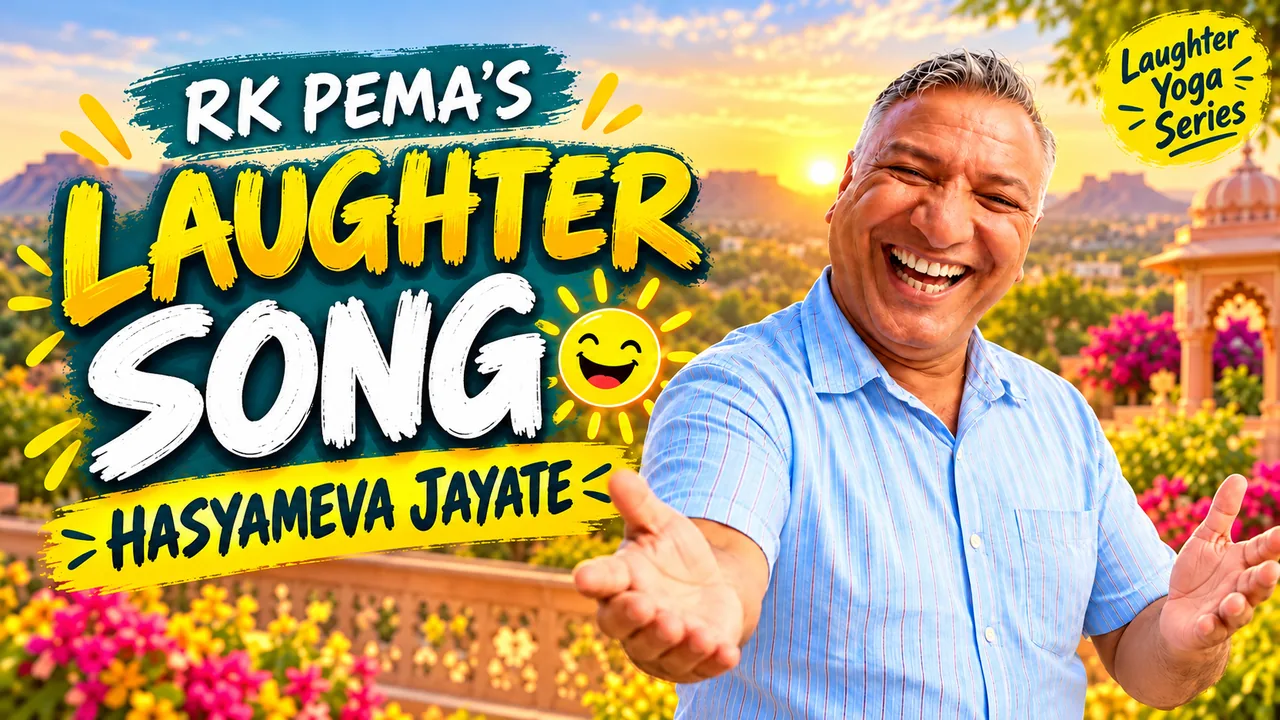 RK Pema laughing with arms outstretched on a sunlit Rajasthani terrace, on a Laughter Song cover