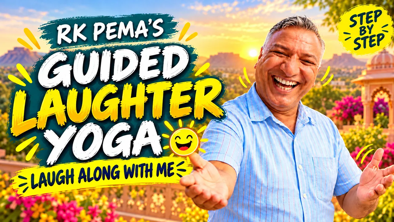 RK Pema laughing with open arms on an outdoor terrace at sunset, on a Guided Laughter Yoga cover