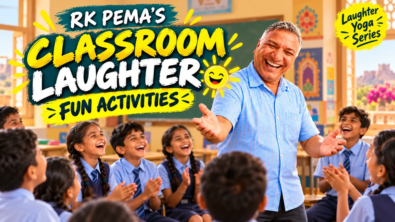 RK Pema leading a class of laughing, clapping schoolchildren in blue and white uniforms