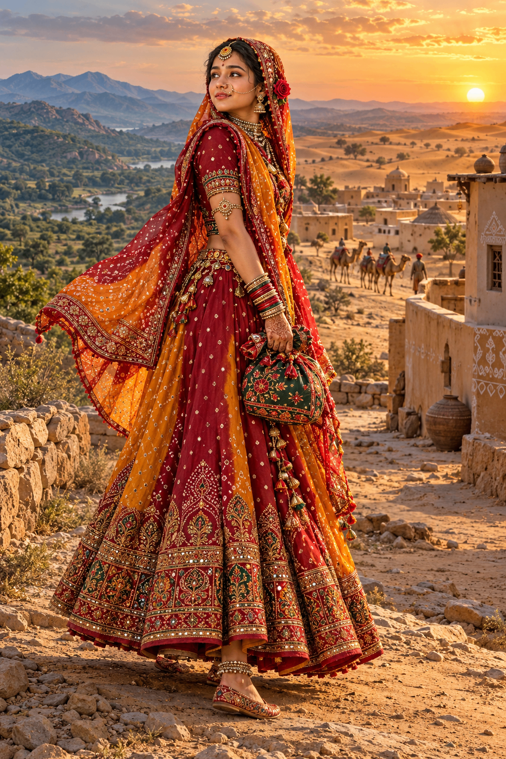 Moru Bai song artwork: a woman in embroidered red and gold Rajasthani dress, with desert dunes, village buildings and mountains at sunset.